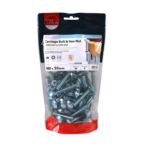 TIMCO Carriage Bolts & Hex Nuts - Zinc M8 x 50mm (55)