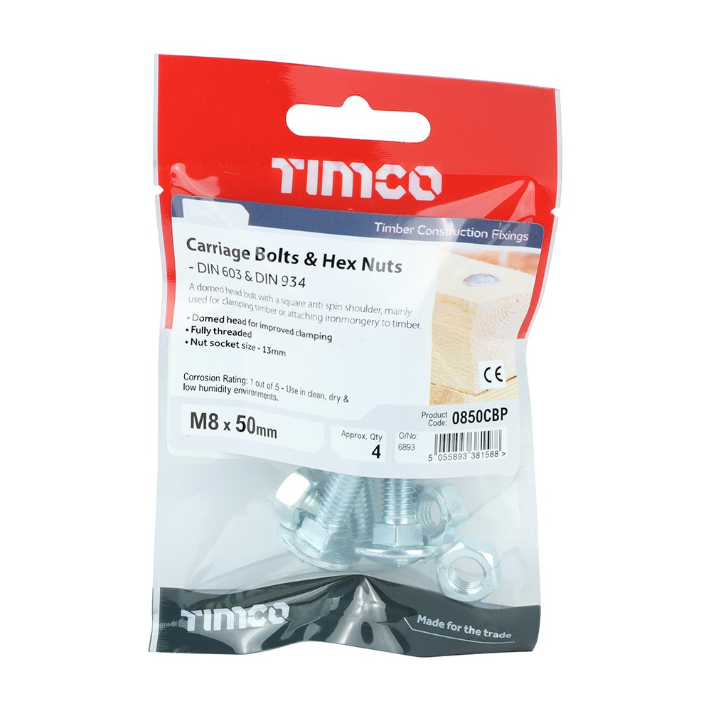 TIMCO Carriage Bolts & Hex Nuts - Zinc M8 x 50mm (4 Pack)