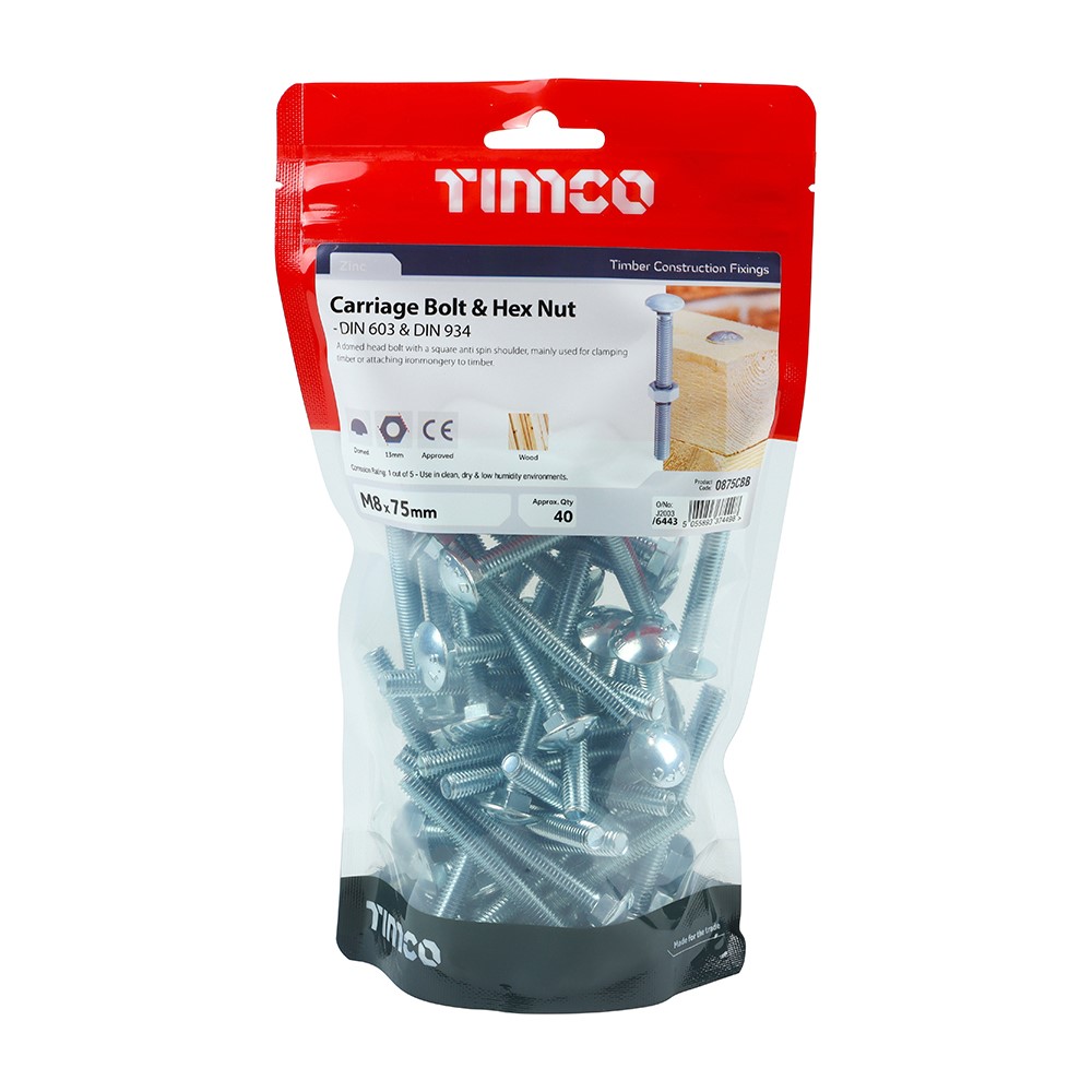 TIMCO Carriage Bolts & Hex Nuts - Zinc M8 x 75mm (40)