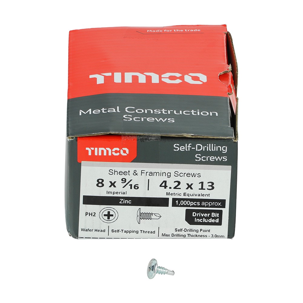 TIMCO Metal Construction Sheet & Framing Screws - PH - Wafer - Self-Drilling - Zinc 8 x 9/16mm (1000 Pack)