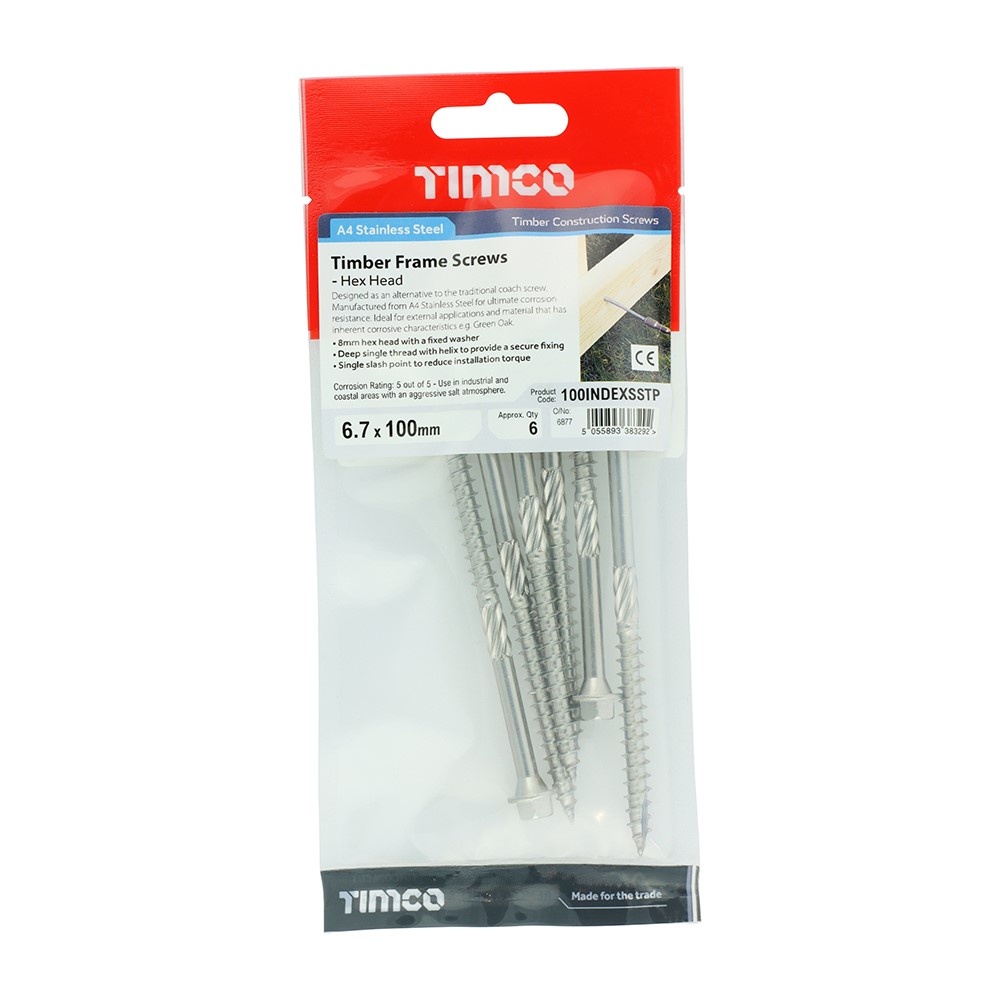 TIMCO Timber Screws - Hex - Stainless Steel 6.7 x 100mm (6 Pack)