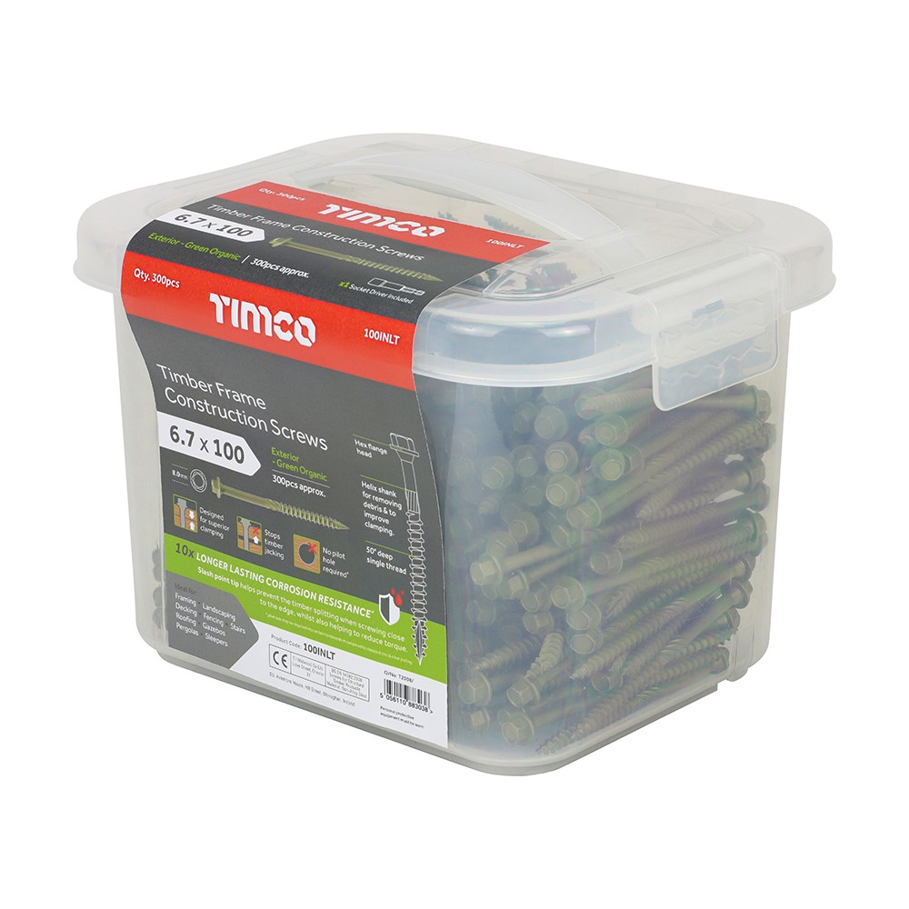 TIMCO Timber Frame Construction & Landscaping Screws - Hex - Exterior - Green Organic 6.7 x 100mm (300 Tub)