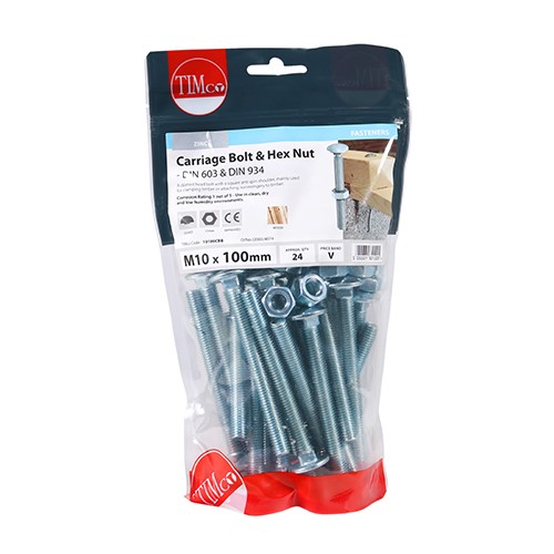 TIMCO Carriage Bolts & Hex Nuts - Zinc M10 x 100mm (24)