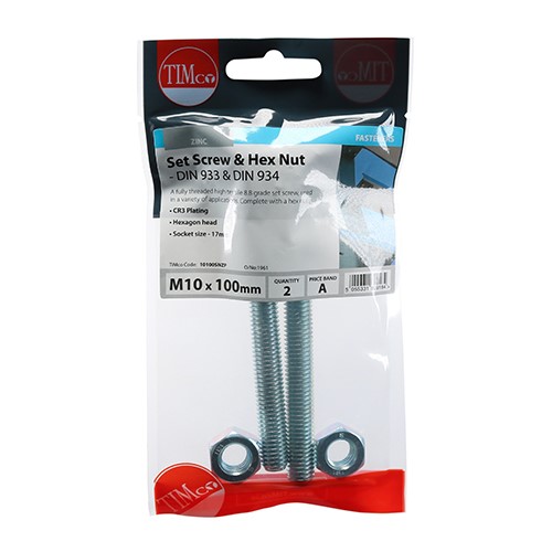 TIMCO Set Screws & Hex Nuts - Grade 8.8 - Zinc M10 x 100mm (2 Pack)