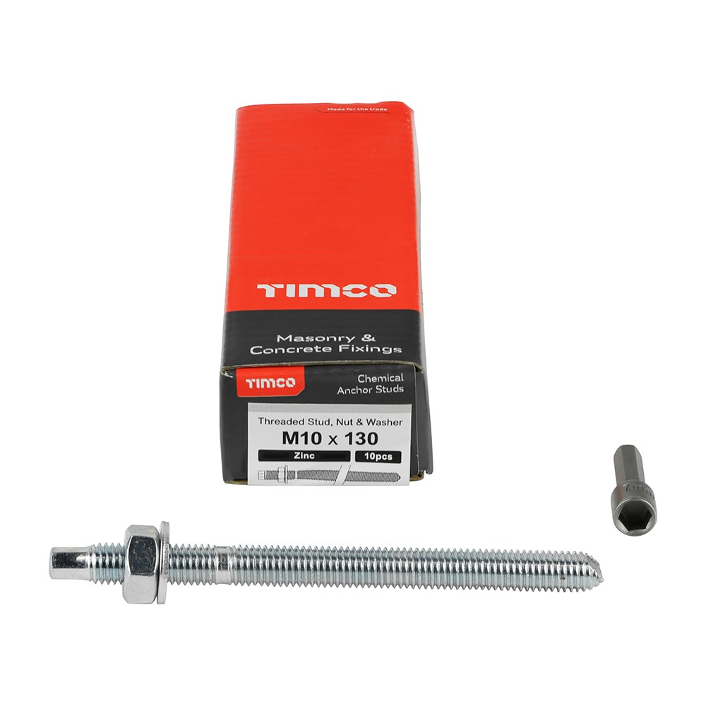 TIMCO Chemical Anchor Threaded Studs, Nuts & Washers - Zinc M10 x 130mm (10 Pack)