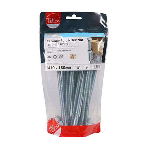 TIMCO Carriage Bolts & Hex Nuts - Zinc M10 x 180mm (12)