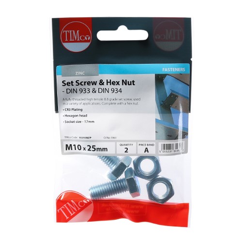 TIMCO Set Screws & Hex Nuts - Grade 8.8 - Zinc M10 x 25mm (2 pack)