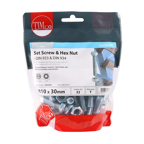 TIMCO Set Screws & Hex Nuts - Grade 8.8 - Zinc M10 x 30mm (32)