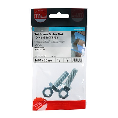 TIMCO Set Screws & Hex Nuts - Grade 8.8 - Zinc M10 x 30mm (2 Pack)