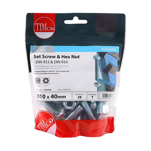 TIMCO Set Screws & Hex Nuts - Grade 8.8 - Zinc M10 x 40mm (28)