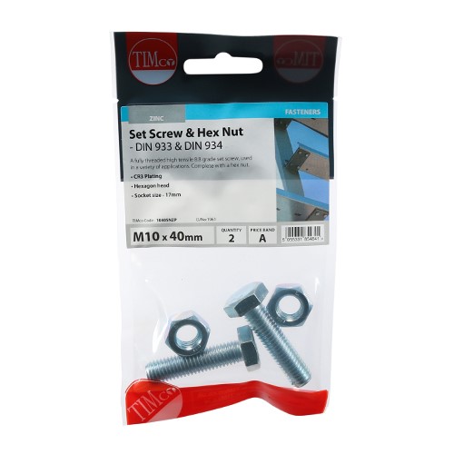 TIMCO Set Screws & Hex Nuts - Grade 8.8 - Zinc M10 x 40mm (2 Pack)