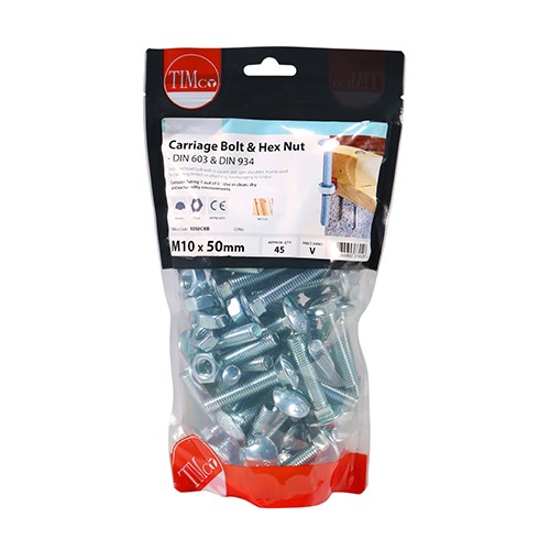 TIMCO Carriage Bolts & Hex Nuts - Zinc M10 x 50mm (45)