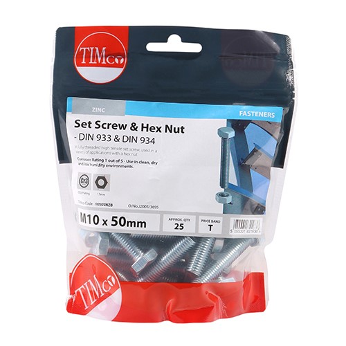 TIMCO Set Screws & Hex Nuts - Grade 8.8 - Zinc M10 x 50mm (25)