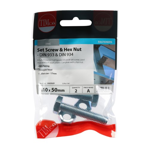 TIMCO Set Screws & Hex Nuts - Grade 8.8 - Zinc M10 x 50mm (2 Pack)