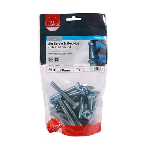 TIMCO Set Screws & Hex Nuts - Grade 8.8 - Zinc M10 x 70mm (20)