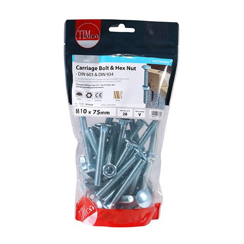 TIMCO Carriage Bolts & Hex Nuts - Zinc M10 x 75mm (28)