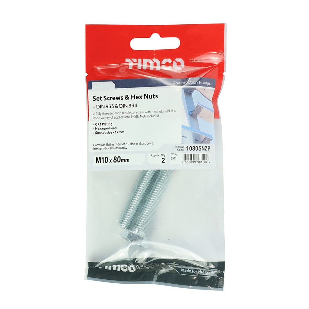 TIMCO Set Screws & Hex Nuts - Grade 8.8 - Zinc M10 x 80mm (2 Pack)