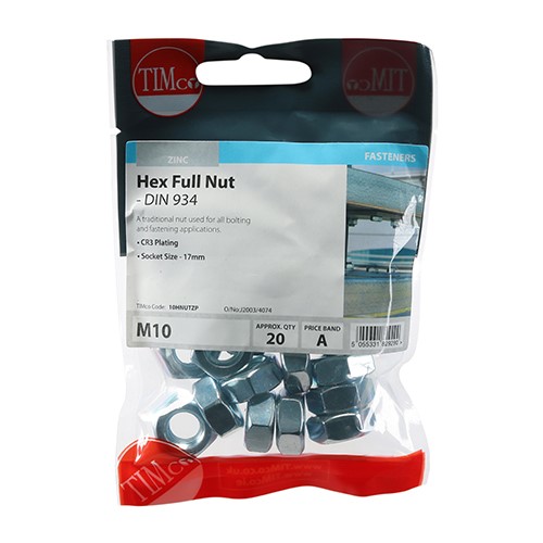 TIMCO Hex Full Nuts - Zinc M10 (20 Pack)