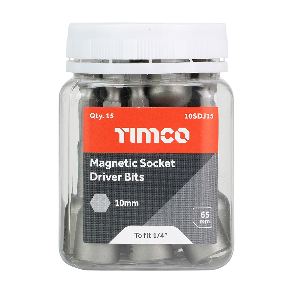 TIMCO Magnetic Socket Driver Bits - Hex 10 x 65mm (15 Small Jar)