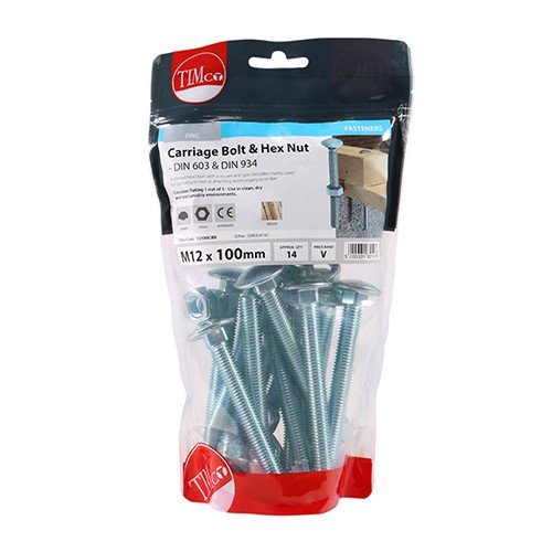 TIMCO Carriage Bolts & Hex Nuts - Zinc M12 x 100mm (14)