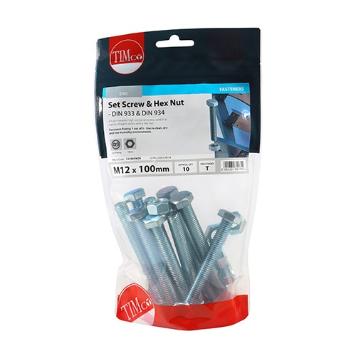 TIMCO Set Screws & Hex Nuts - Grade 8.8 - Zinc M12 x 100mm (10)