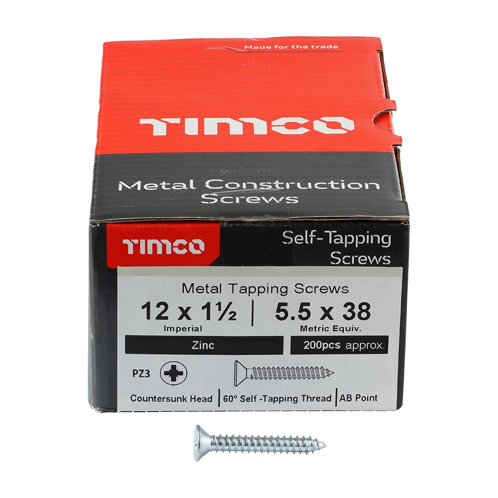 TIMCO Metal Tapping Screws - PZ - Countersunk - Self-Tapping - Zinc 12g x 1 1/2g (200 Pack)