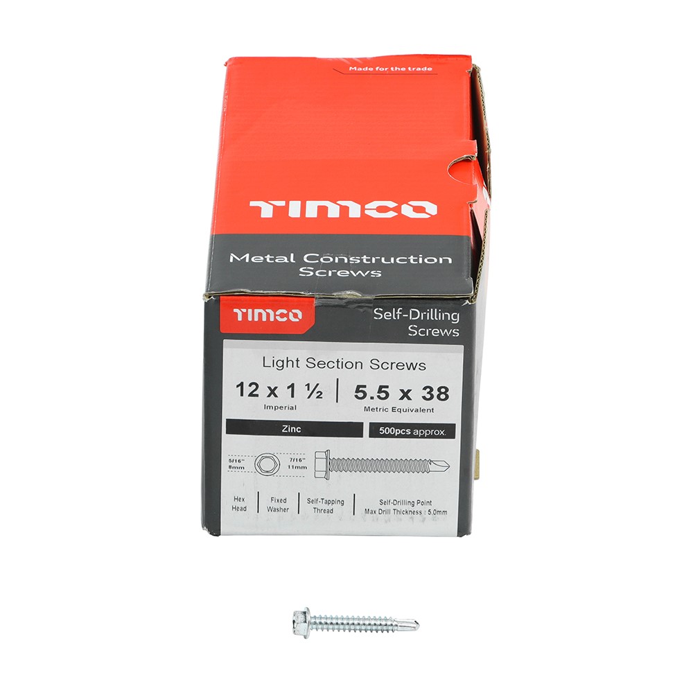 TIMCO Metal Construction Light Section Screws - Hex - Self-Drilling - Zinc 12 x 1 1/2mm (500 Pack)