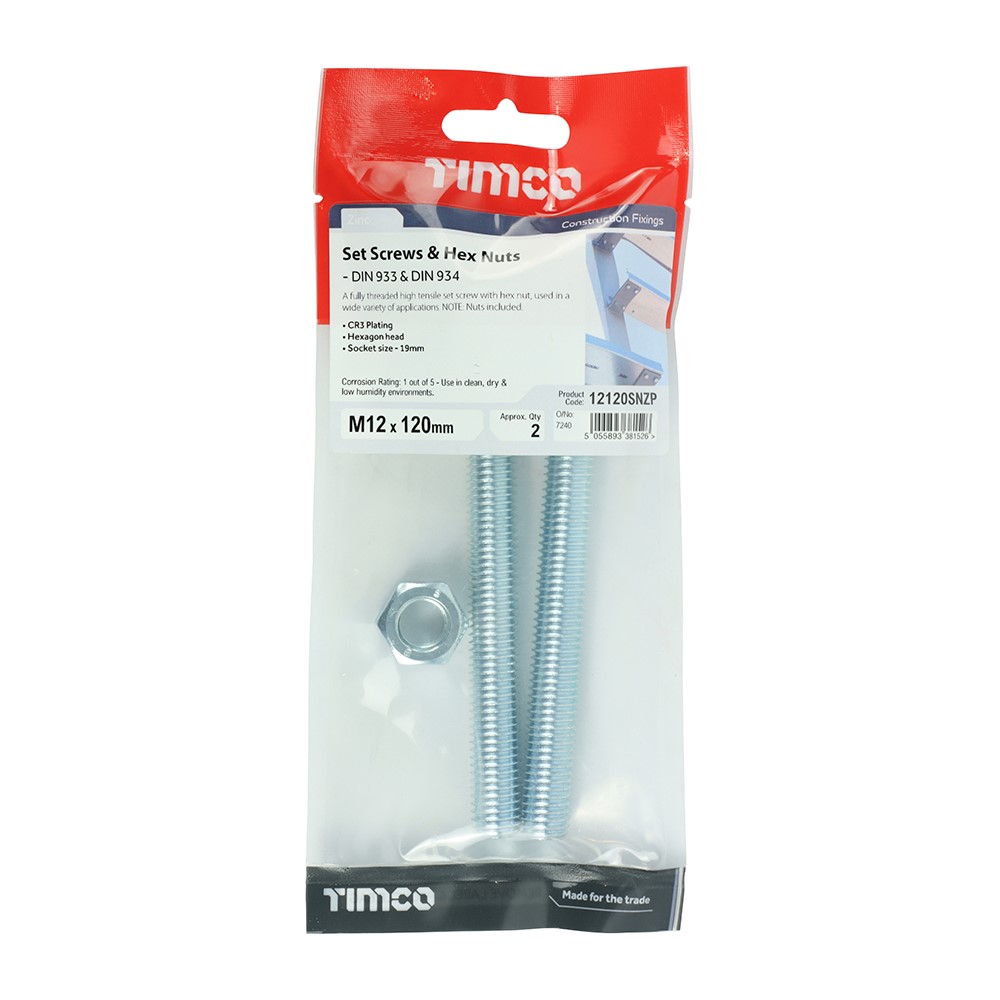 TIMCO Set Screws & Hex Nuts - Grade 8.8 - Zinc M12 x 120mm (2 Pack)