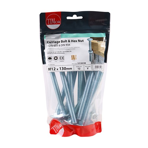 TIMCO Carriage Bolts & Hex Nuts - Zinc M12 x 130mm (12)