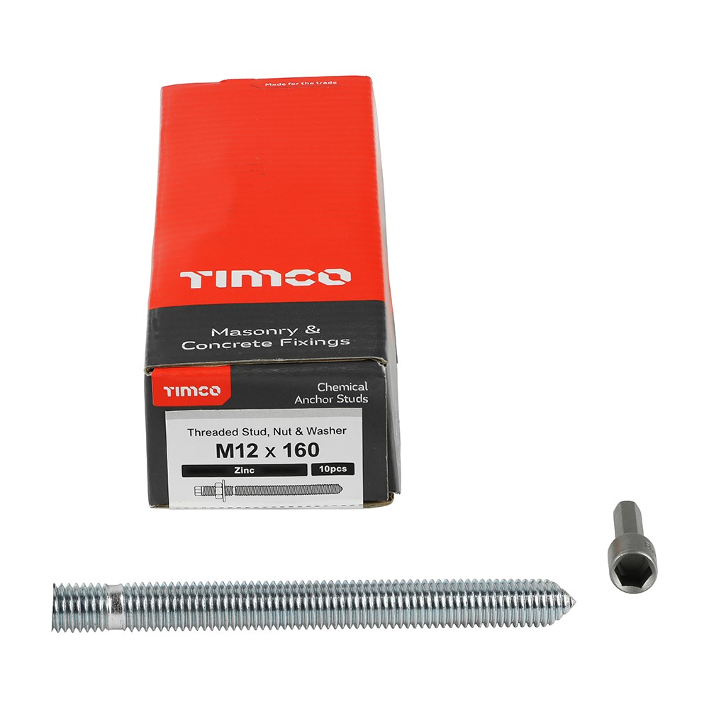 TIMCO Chemical Anchor Threaded Studs, Nuts & Washers - Zinc M12 x 160mm (10 Pack)