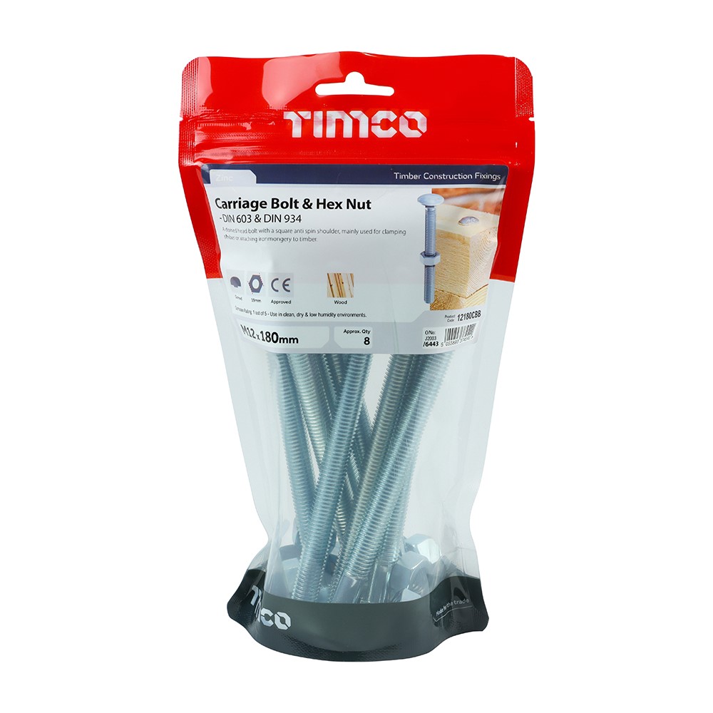 TIMCO Carriage Bolts & Hex Nuts - Zinc M12 x 180mm (8)