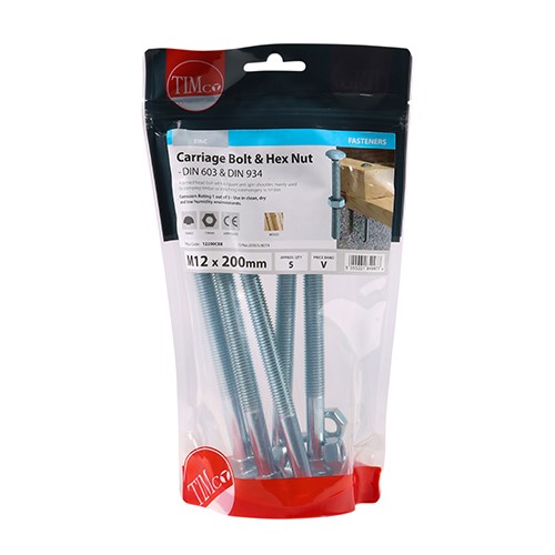 TIMCO Carriage Bolts & Hex Nuts - Zinc M12 x 200mm (5)