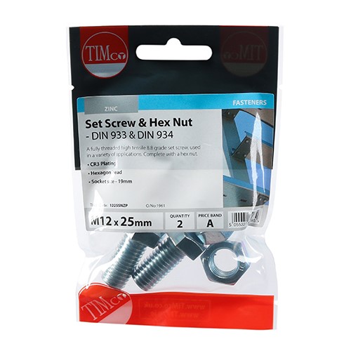 TIMCO Set Screws & Hex Nuts - Grade 8.8 - Zinc M12 x 25mm (2 Pack)