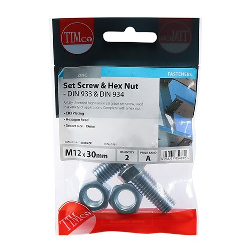 TIMCO Set Screws & Hex Nuts - Grade 8.8 - Zinc M12 x 30mm (2 Pack)