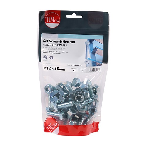 TIMCO Set Screws & Hex Nuts - Grade 8.8 - Zinc M12 x 35mm (22)