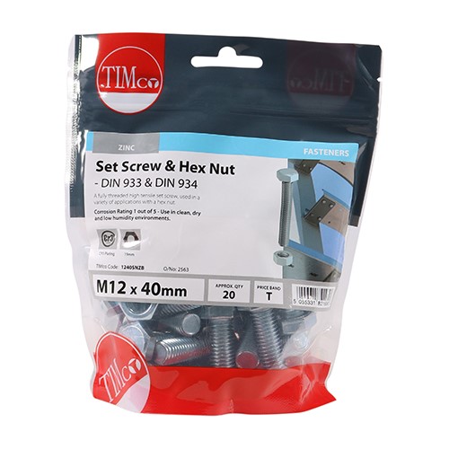 TIMCO Set Screws & Hex Nuts - Grade 8.8 - Zinc M12 x 40mm (20)