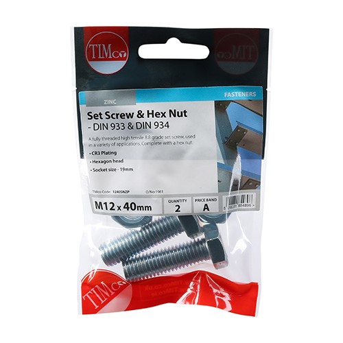 TIMCO Set Screws & Hex Nuts - Grade 8.8 - Zinc M12 x 40mm (2 Pack)