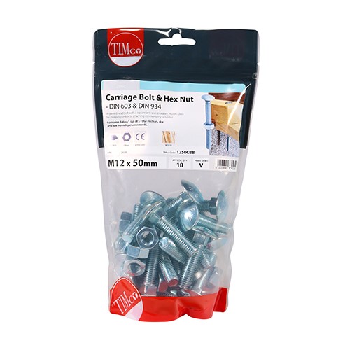 TIMCO Carriage Bolts & Hex Nuts - Zinc M12 x 50mm (18)