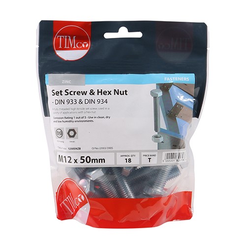 TIMCO Set Screws & Hex Nuts - Grade 8.8 - Zinc M12 x 50mm (18)