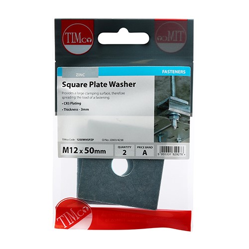 TIMCO Square Plate Washers - Zinc M12 x 50 x 50 x 3mm (2 Pack)