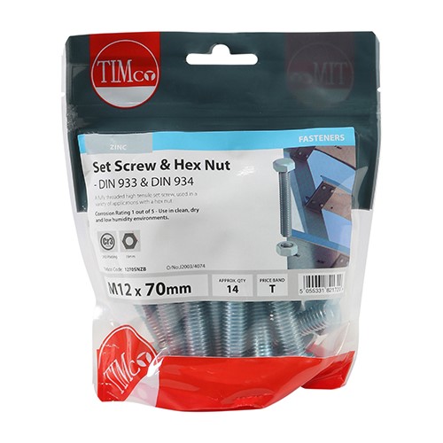 TIMCO Set Screws & Hex Nuts - Grade 8.8 - Zinc M12 x 70mm (14)