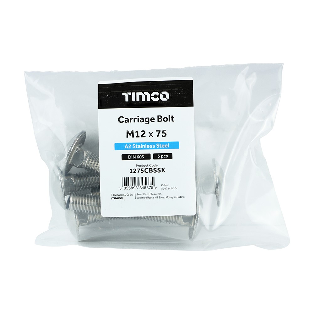 TIMCO Carriage Bolts - A2 Stainless Steel M12 x 75mm (5 Bag)