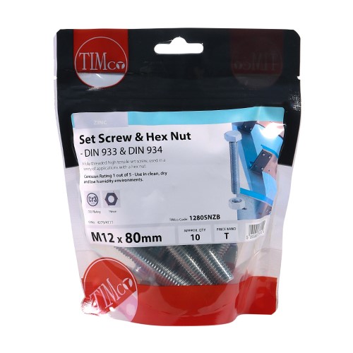 TIMCO Set Screws & Hex Nuts - Grade 8.8 - Zinc M12 x 80mm (10)