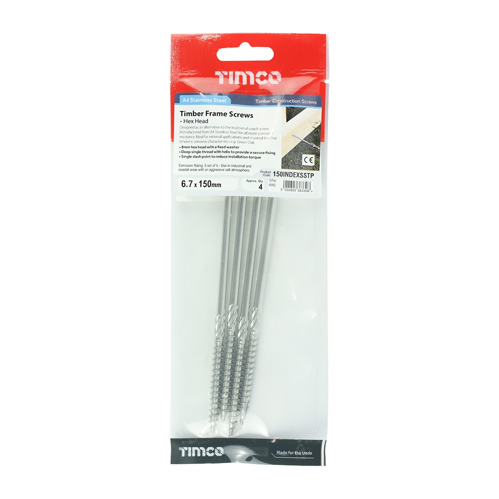 TIMCO Timber Screws - Hex - Stainless Steel 6.7 x 150mm (4 Pack)