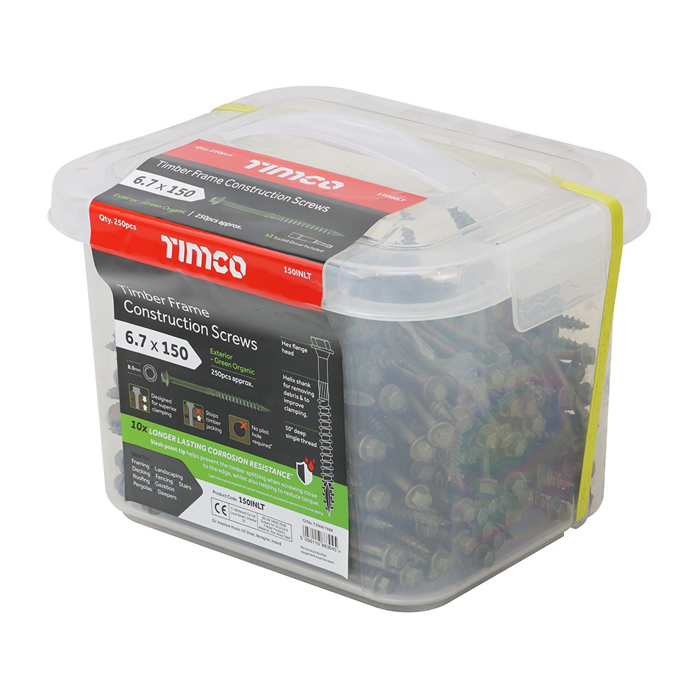 TIMCO Timber Frame Construction & Landscaping Screws - Hex - Exterior - Green Organic 6.7 x 150mm (250 Tub)