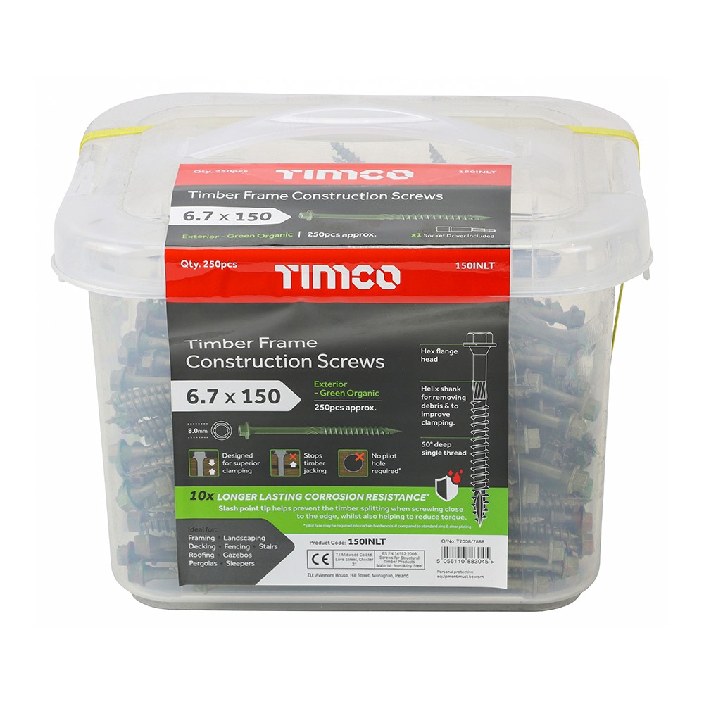 TIMCO Timber Frame Construction & Landscaping Screws - Hex - Exterior - Green Organic 6.7 x 150mm (250 Tub)