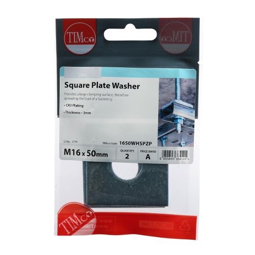 TIMCO Square Plate Washers - Zinc M16 x 50 x 50 x 3mm (2 Pack)