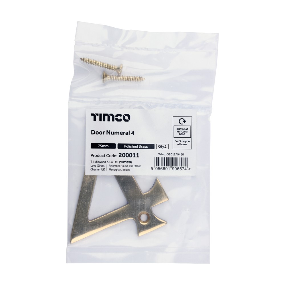 TIMCO Door Numeral 4 Polished Brass 75mm
