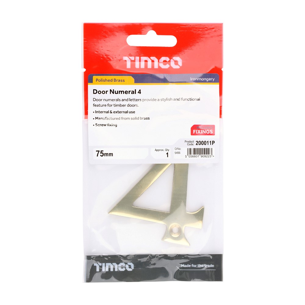TIMCO Door Numeral 4 Polished Brass 75mm