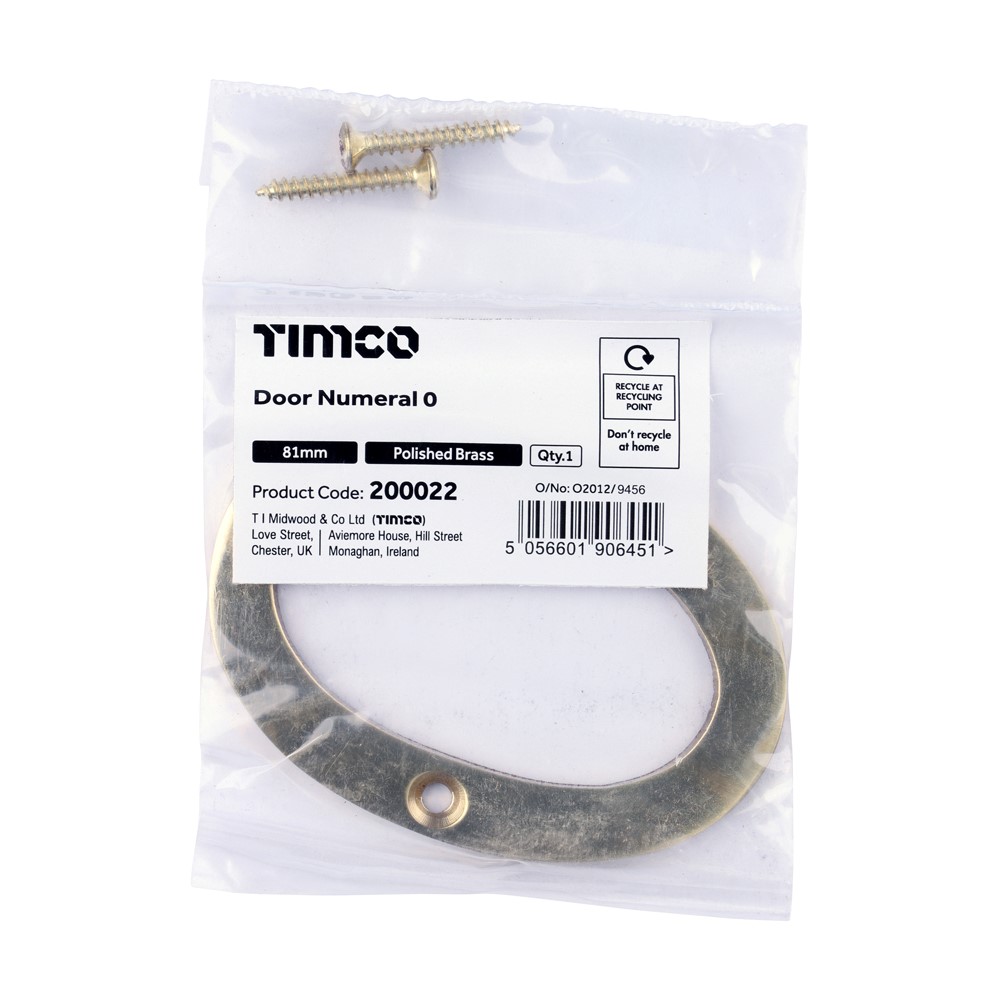 TIMCO Door Numeral 0 Polished Brass 81mm